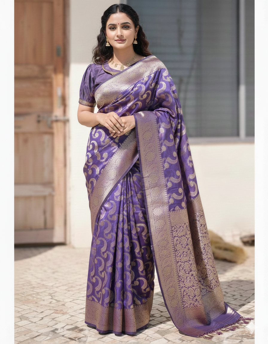 Woman wearing elegant purple saree with traditional jewellery